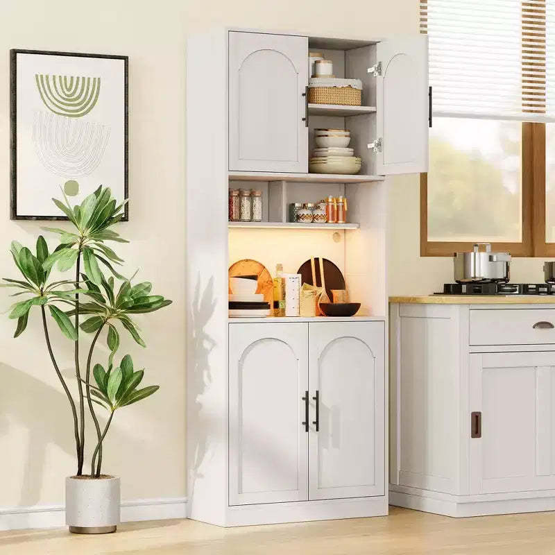Coolmee Kitchen Bar Pantry Cabinet with RGB Light, Tall Hutch with Microwave Stand, Barn Doors and 2 Open Shelves, Cupboard for Dining Room