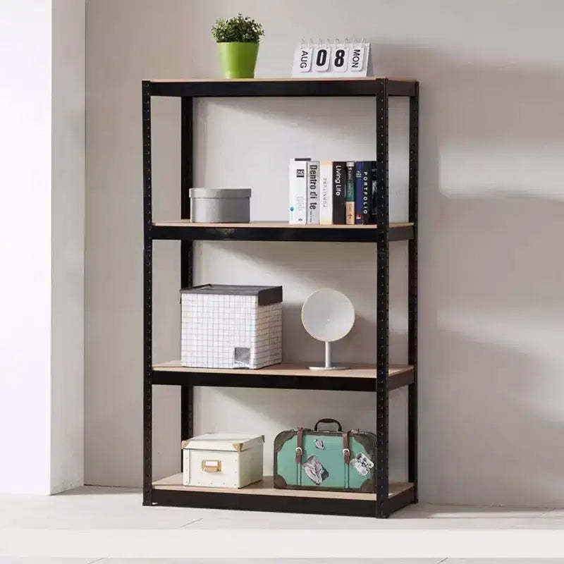 Black Adjustable 4-Tier Shelf Heavy-Duty Metal and Wood Storage Shelf Unit Garage Utility Rack with Boltless Assembly for Books, Kitchenware