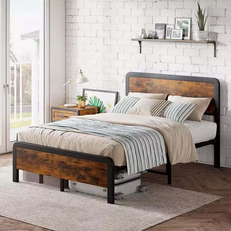 Set of 2 Full Size Bed Frame with Wood Headboard and Footboard, Mattress Foundation, Strong Metal Slats Support, No Box Spring Needed, Rustic Brown