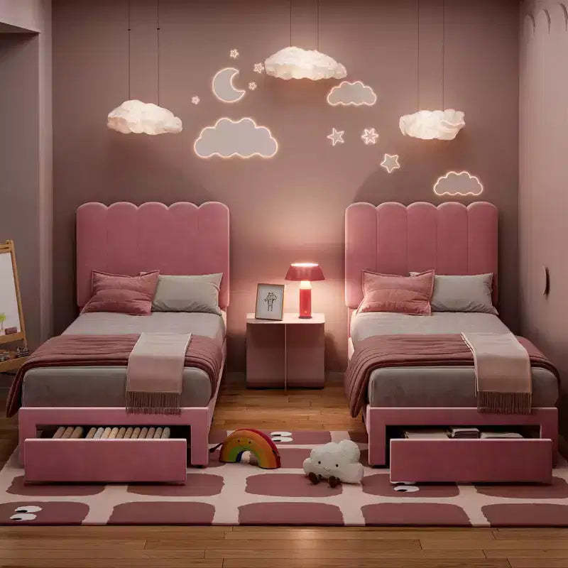 2 Sets Twin Bed Frame with Under-Bed Drawer, Velvet Upholstered Platform Bed with Wave Headboard,No Box Spring Needed