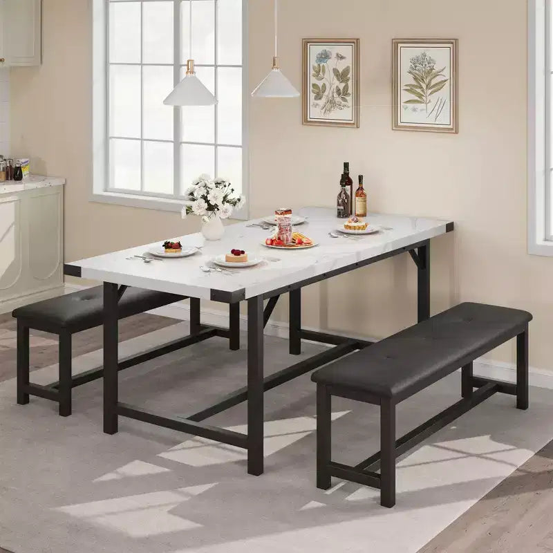 3-Piece Dining Table Set , Kitchen Table Set with 2 Benches, Dining Room Table Set for 4-6 People for Apartment, Kitchen, Living Room