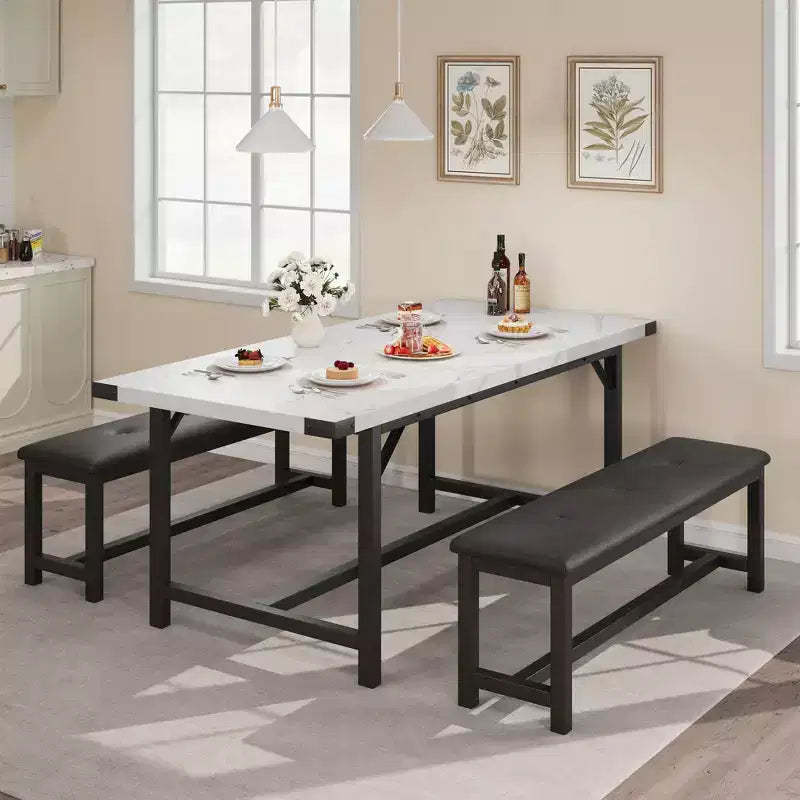 3-Piece Dining Table Set , Kitchen Table Set with 2 Benches, Dining Room Table Set for 4-6 People for Apartment, Kitchen, Living Room
