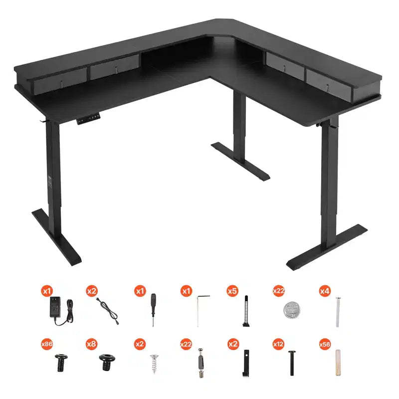 VEVOR L Shaped Desk, Electric Adjustable Height Corner Gaming Desk with CPU Stands, Dual Hooks and Fabric Drawers, L-Shaped Computer Table, Black