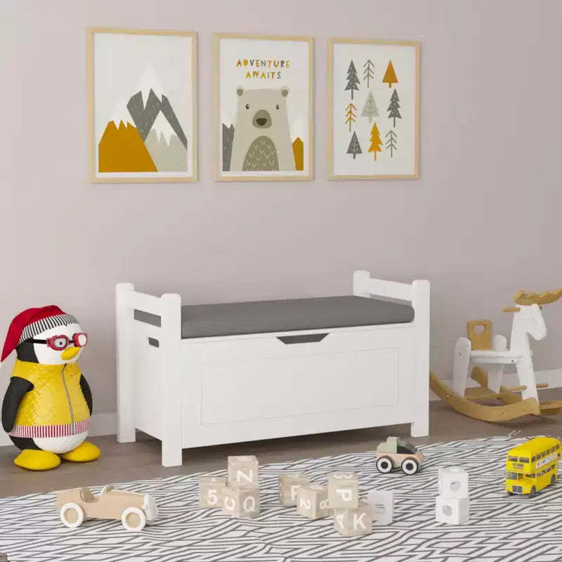 Kids Toy Box Chest, White Toy Box for Boys Girls, Large Storage Cabinet with Cushion Seat Bench/Flip-Top Lid/Safety Hinge