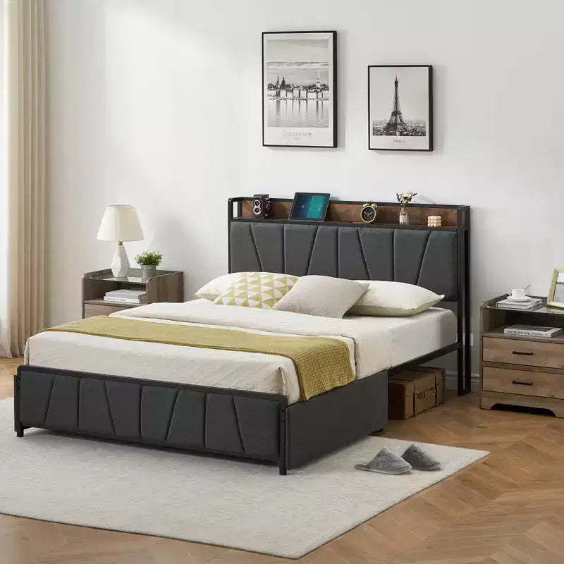 Bed Frame with USB Charging - Platform Bed with Storage Drawers, Upholstered Linen Headboard, Noise-Free Support, No Box Spring Needed