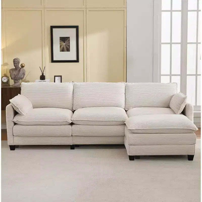 Hyleory Corduroy L-Shaped Sectional Sofa, 3-Seater Couch with Movable Ottoman, Modular Living Room Furniture for Apartments