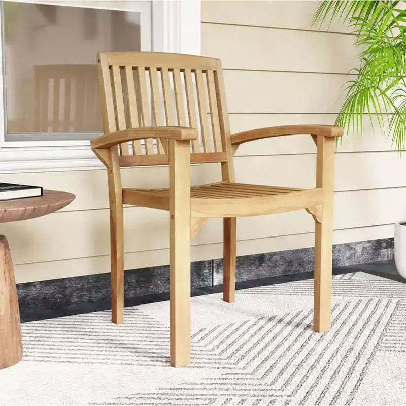Costway 1/2/4 PCS Outdoor Patio Chair Teak Wood Armchair with Slatted Seat & Curved Seat