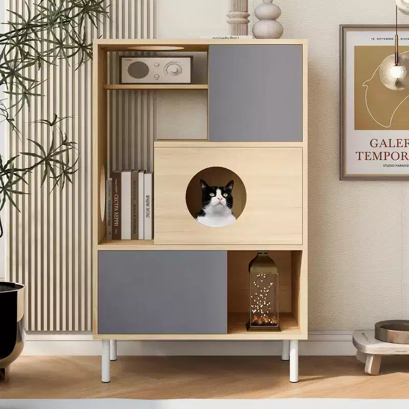 2 in 1 Bookshelf Cat Tree Display Case Cat Litter Box Enclosure Climbing Shelf Bookcase Storage Rack, Natural - ModernLuxe