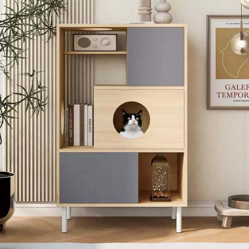 2 in 1 Bookshelf Cat Tree Display Case Cat Litter Box Enclosure Climbing Shelf Bookcase Storage Rack, Natural - ModernLuxe
