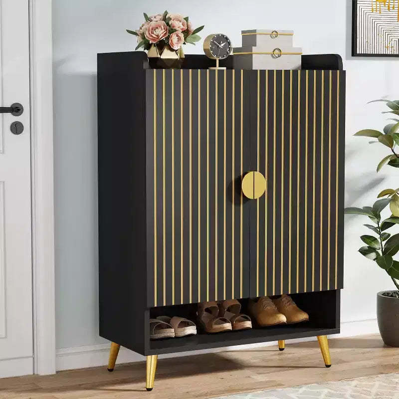 Lantine Shoe Cabinet with Doors, 7-Tier Shoe Storage Cabinet with Adjustable Shelves, for Entryway, Hallway, Closet, Living Room, Black