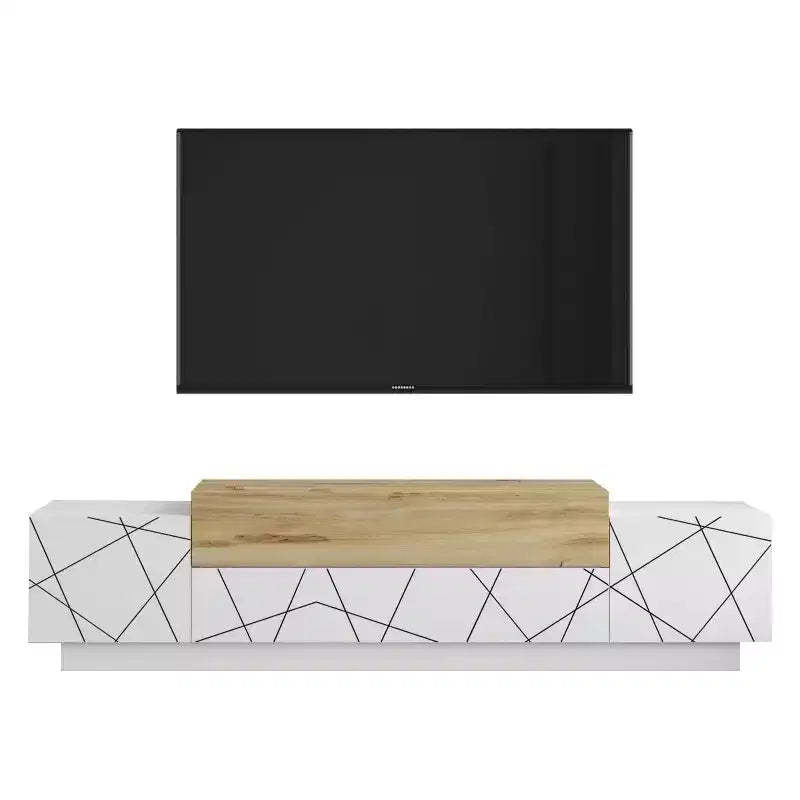 HomeStock Floyd TV Unit Stand White Felt - UV Print Entertainment Center Console 63 Inches with Storage Shelves & Doors