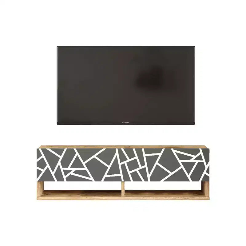 HomeStock Future TV Unit Maze Pine-White UV Print 70 inches Floating Entertainment Center Console with Storage Shelves & Doors