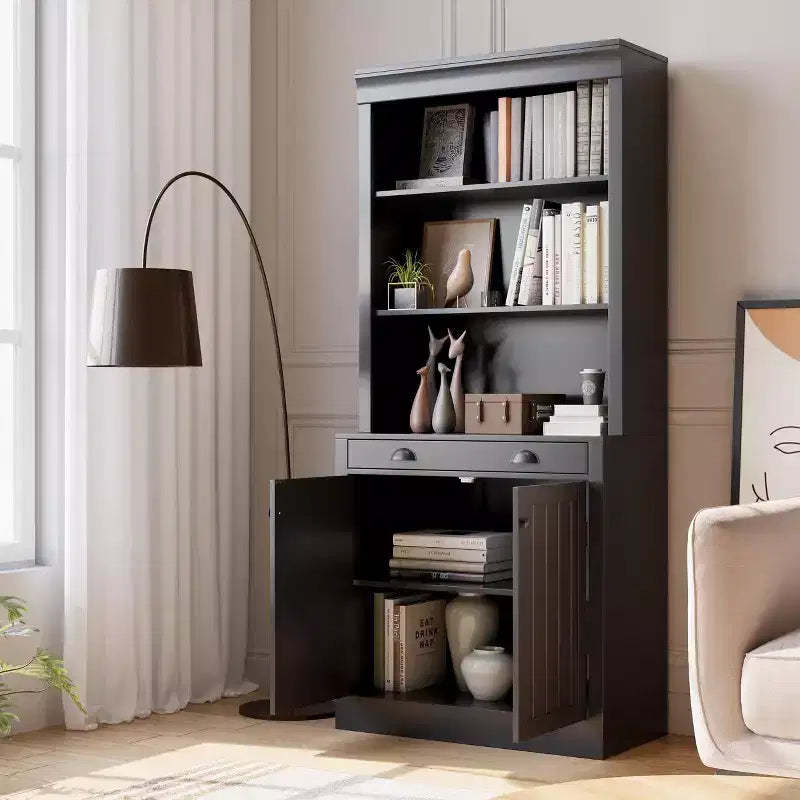 70 5-Tier Bookshelf,with Doors & Drawer, Modern Pantry Sideboard with Adjustable Shelf, Wood Storage Cabinet for Living Room, Home Office,Black
