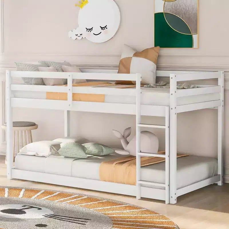 Whisen Stylish and Simple Wood Twin over Twin Floor Bunk Bed with Ladder