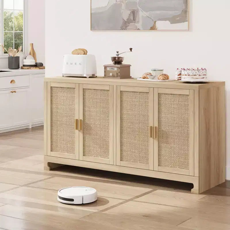 Woven Rattan 4-Door Storage Cabinet, Buffet Sideboard with Shelf, Coffee Bar Console for Kitchen Dining & Living Room, 36H