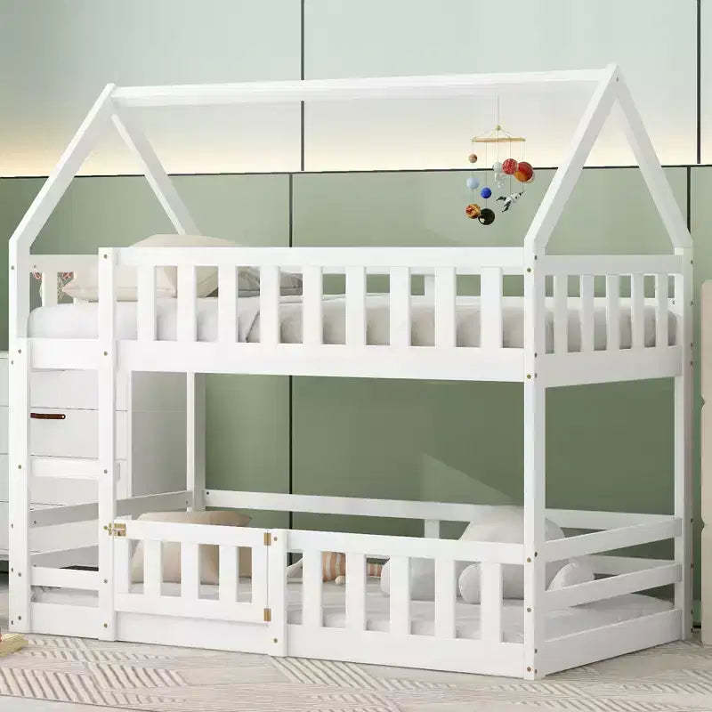 Whisen Wood Twin over Twin House-Shaped Bunk Bed with Fence with Door and Ladder