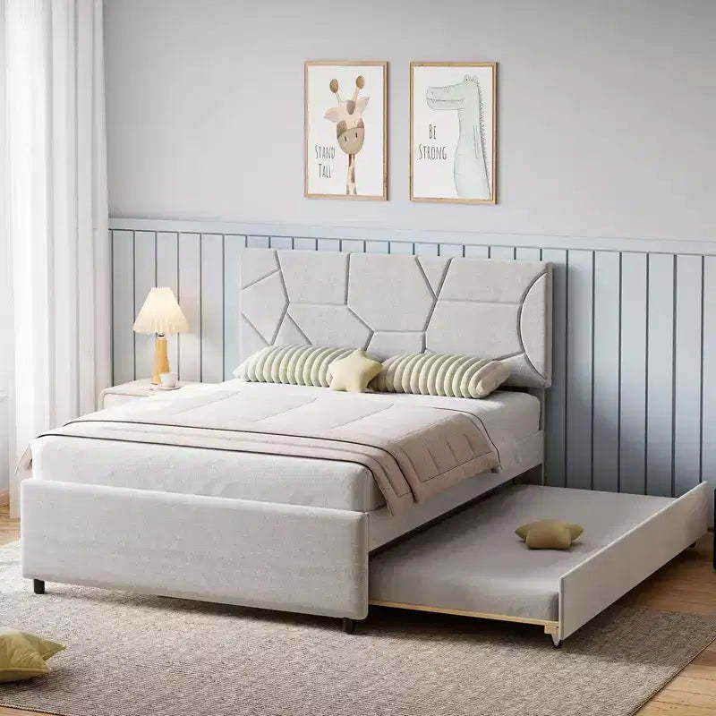 Trundle Bed Frame, Upholstered Platform Bed Frame with Pull-Out Bed, Space-Saving Design, Wood Slat Support, 500LB Capacity,White