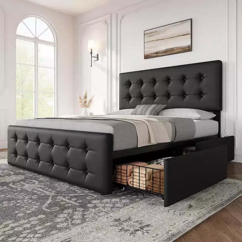 Bed Frame, Queen Size Faux Leather Upholstered Platform Bed with 4 Storage Drawers & Headboard - Button Tufted, No Box Spring Needed Black