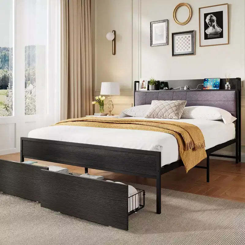 Full Bed Frame with Headboard, Black Platform Bed Frame with Storage, Heavy Duty Bed Frames with 2 Storage Drawers,No Box Spring Needed