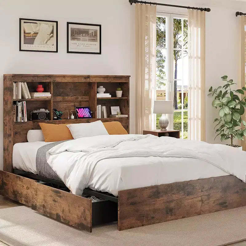 King Size Bed Frame with High Storage Bookcase Headboard, Wood Bed Frame with 4 Storage Drawers, Built in Charging Station,No Box Spring Needed