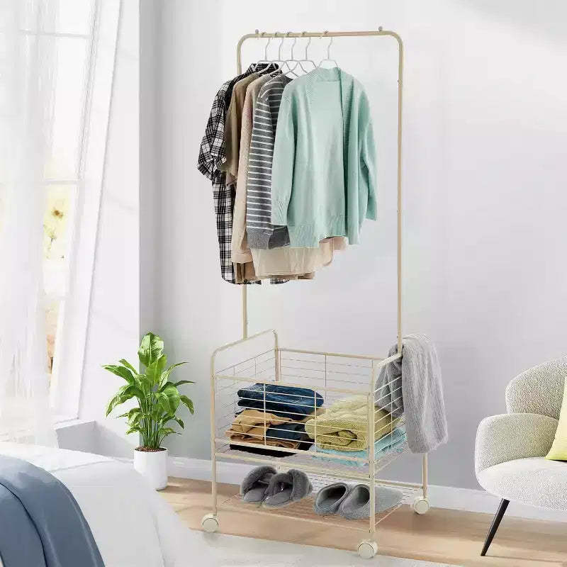 67.72in Tall Laundry Cart with Clothes Rack, Rectangular Rolling Laundry Hamper Basket Butler Cart with Wheels for Bedroom, Apricot