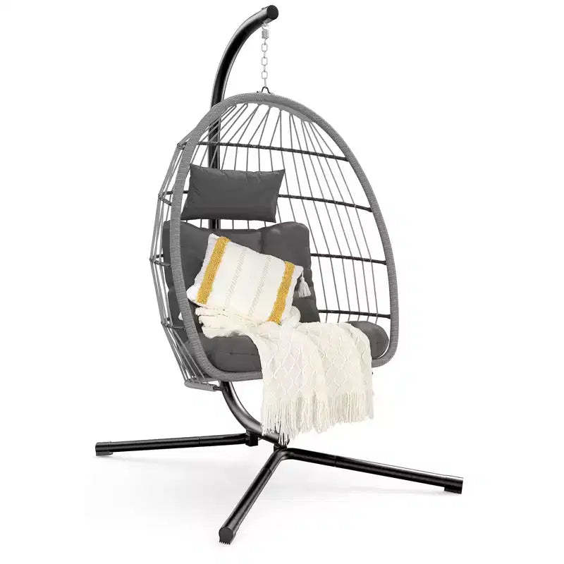 Indoor Outdoor Hanging Egg Chair with Stand, Patio Wicker Swing Egg Chair with Cushion 350lbs Capacity