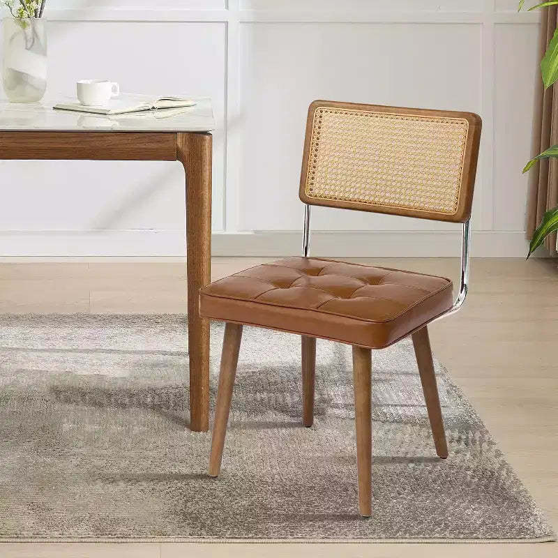 Mid Century Modern Dining Chairs, PU Upholstered Kitchen Chairs with Tall Rattan Back and Sturdy Wood Legs, Set of 1/2, Vintage Style