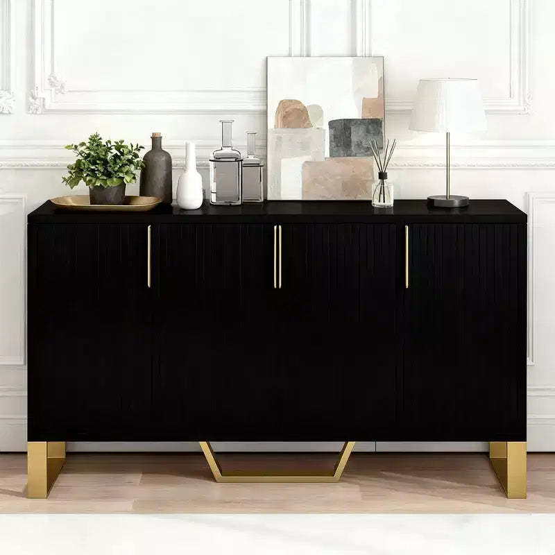 Hostack Sideboard Buffet Cabinet with 4 Doors, Metal Handles and Adjustable Shelves for Dining Room, Black