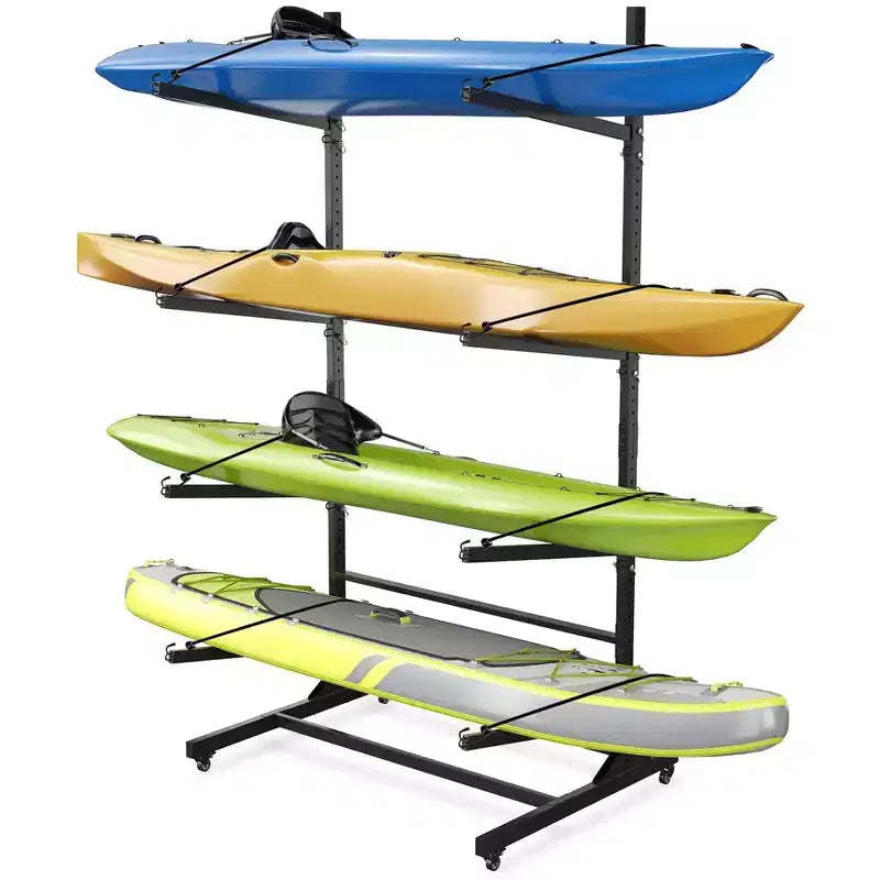 Kayak Storage Rack for 2-6 Kayaks Freestanding Kayak Rack for Outdoor Storage with Movable Wheels,Heavy-Duty Steel Kayak Hanger Holder with Straps