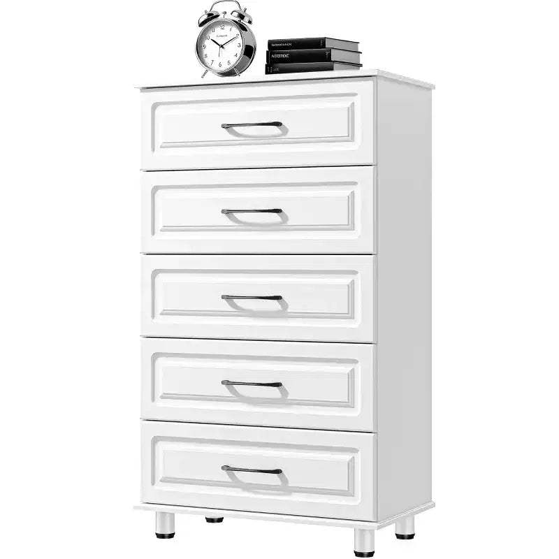 Sandinrayli 5 Drawer Dresser, White Tall Dresser for Bedroom, Closet Wood Storage with Steel Handles, White