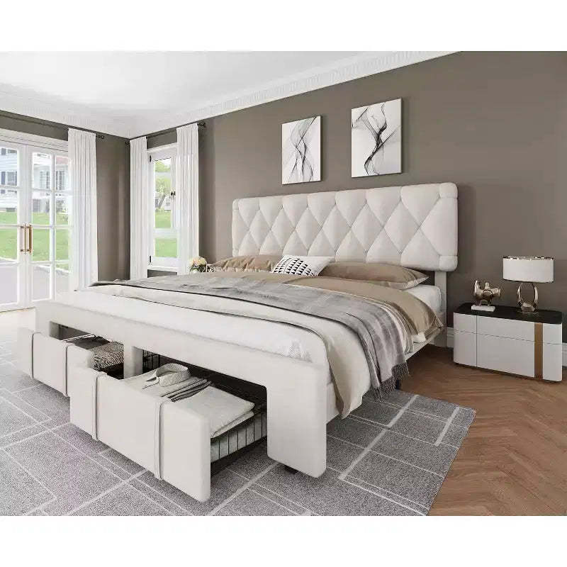 Full Bed Frame Modern Upholstered with Button Tufted Headboard - Noise Free Platform Bed with Storage Drawers, Wooden Slats, , White