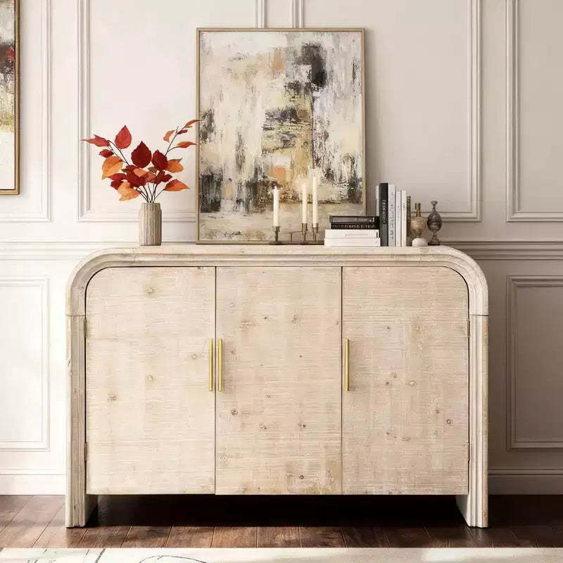 Hostack Curved Sideboard Buffet with Gold Handles and Adjustable Organizer for Dining and Living Room, Natural