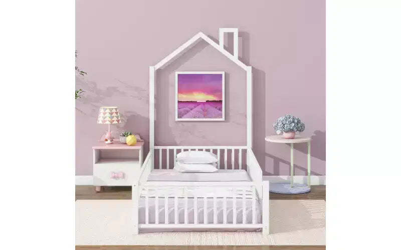 Bellemave Twin Size Metal House Platform Bed with Guardrail and Chimney, White