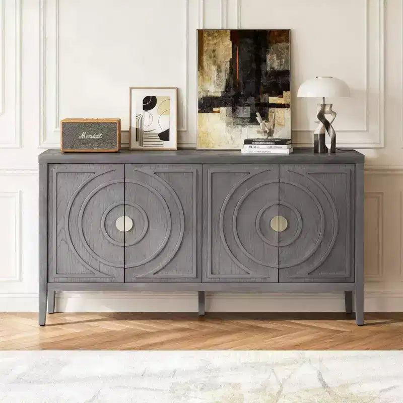 Hostack Retro Sideboard with Circular Groove Design, Round Metal Door Handle for Entrance and Living Room, Gray
