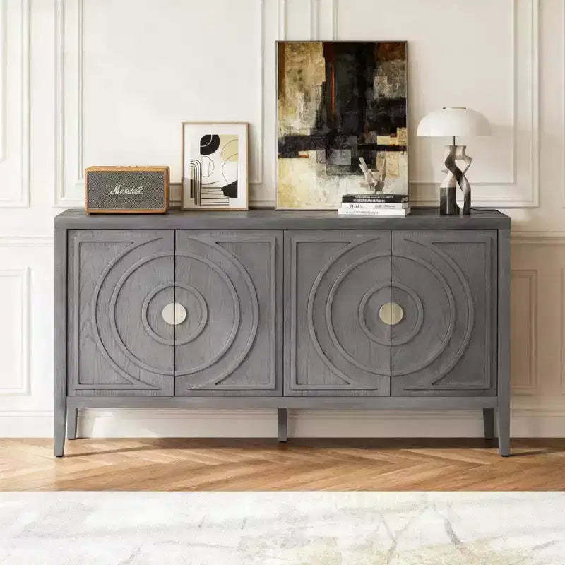 Hostack Retro Sideboard with Circular Groove Design, Round Metal Door Handle for Entrance and Living Room, Gray