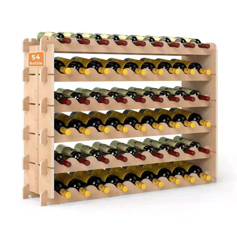 Sandinrayli 54-Bottle Stackable Wine Rack, 6-Tier Modern Wood Wine Rack Holder, Freestanding Modular Storage Display Shelf for Kitchen, Bar, Cellar