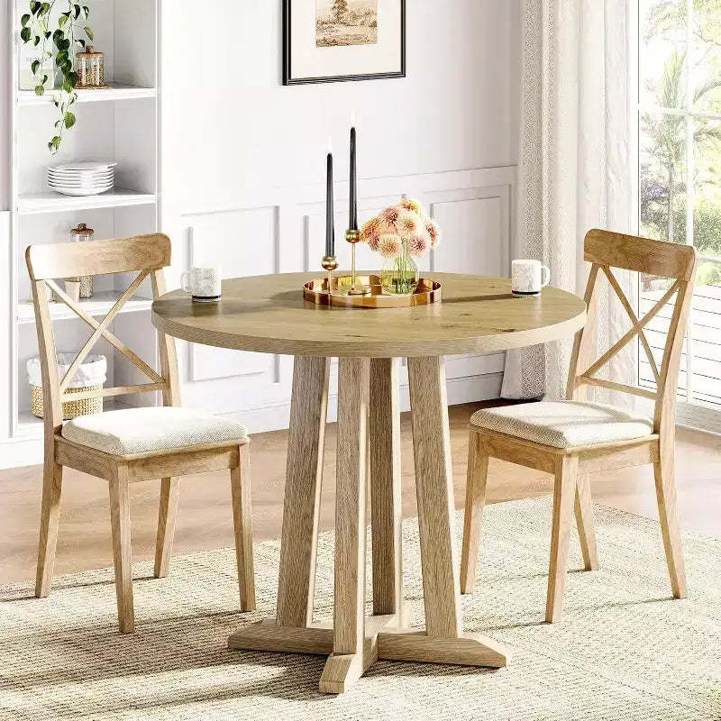 Lantine 31.5-Inch Round Dining Table for 2-4, Farmhouse Small Kitchen Table with Sturdy & Unique Base for Dining Room, Small Space,Oak