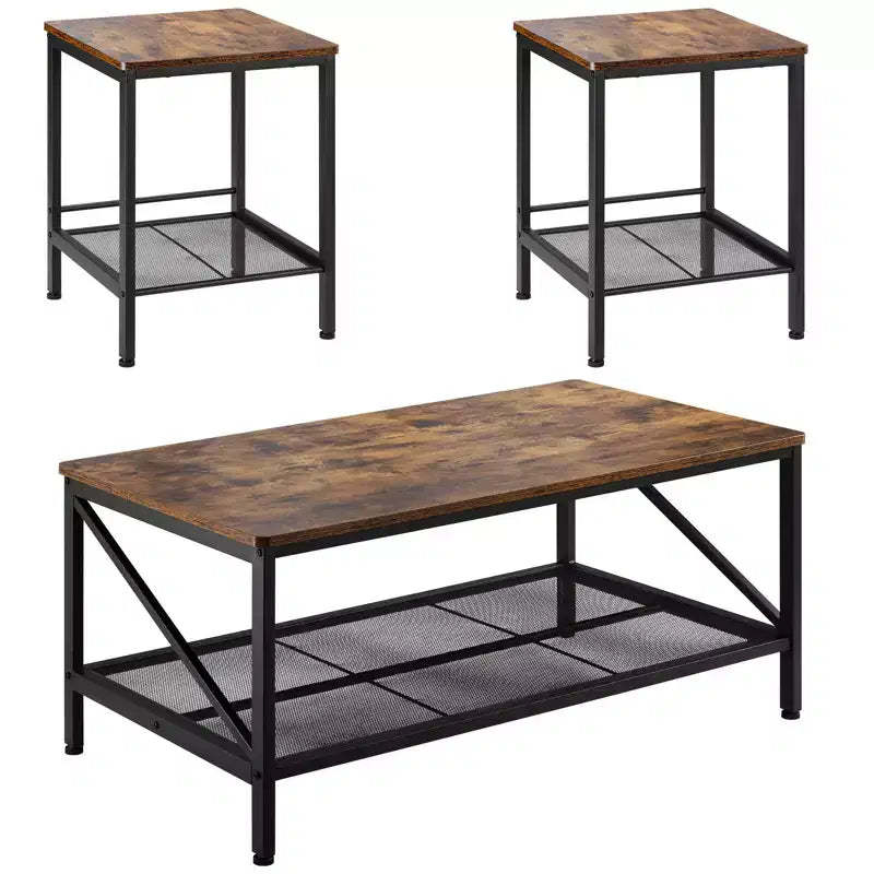 VEVOR 3 Pieces Living Room Table Sets, 41.3 in Industrial Coffee Table with 2 Square End Side Tables, Brown&Black