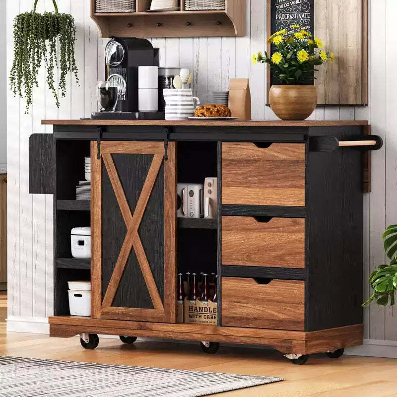 55.5 Kitchen Island Cart with Drop Leaf, Kitchen Storage Island with Barn Door, Rolling Kitchen Cart Table, Kitchen Island On Wheels