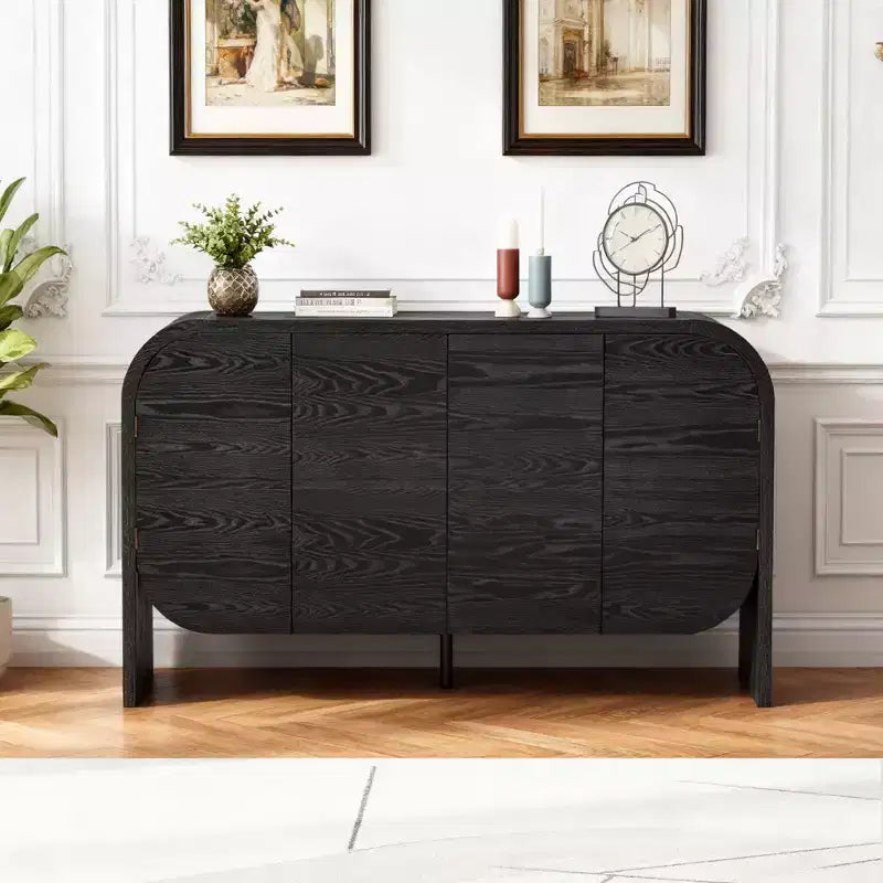 Hostack 4-Door Wood Sideboard with Curvy Edge and Adjustable Shelves for Living Room and Kitchen, Black