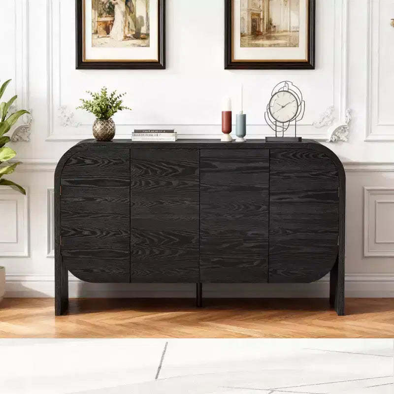 Hostack 4-Door Wood Sideboard with Curvy Edge and Adjustable Shelves for Living Room and Kitchen, Black