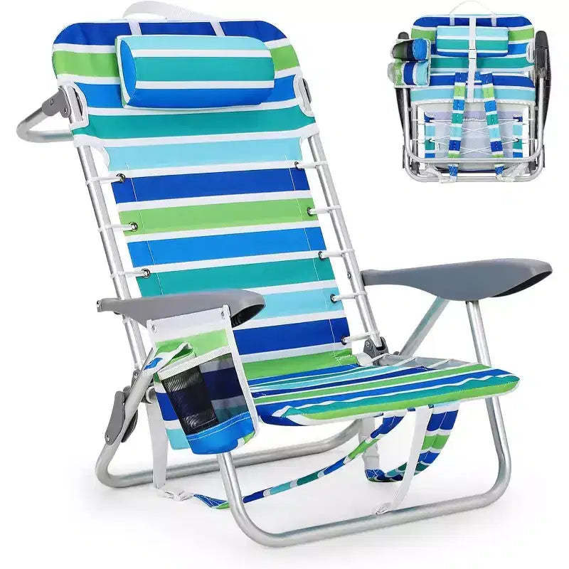 Acekool Backpack Beach Chair, 5 Position Lay Flat Folding Chair with Straps, Cup Holder & Towel Bar, Portable for Adults, 1 Pack