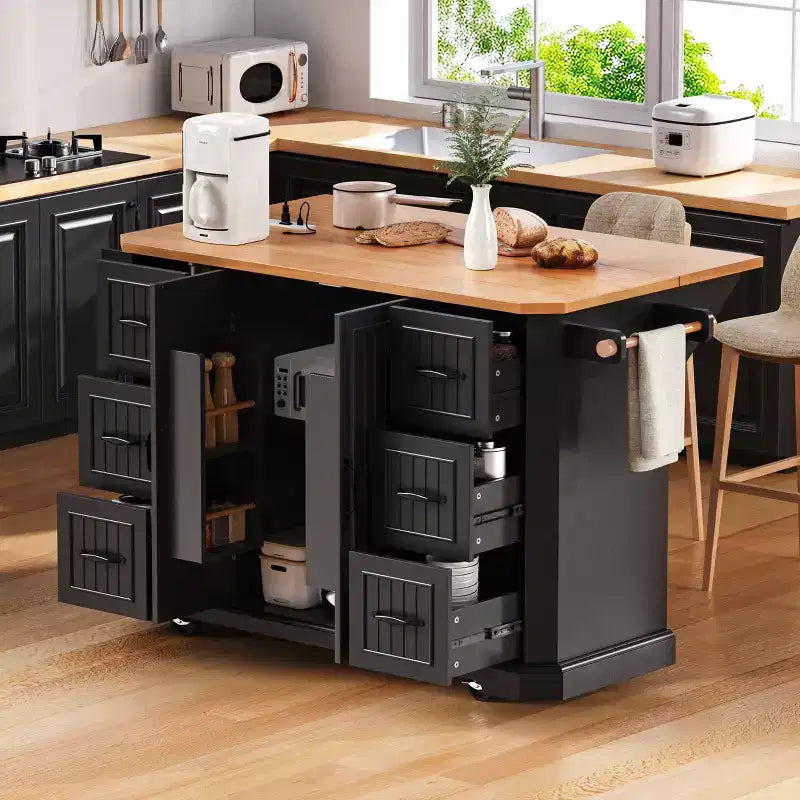56 Kitchen Island with Rubber Wood Veneer, Drop Leaf, Power Outlet, 6 Drawers, Vertical Stripe Barn Doors, Rolling Kitchen Cart on 4 Lockable Wheels