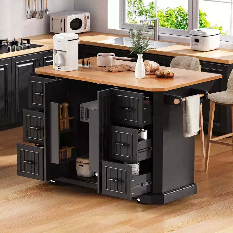 56 Kitchen Island with Rubber Wood Veneer, Drop Leaf, Power Outlet, 6 Drawers, Vertical Stripe Barn Doors, Rolling Kitchen Cart on 4 Lockable Wheels