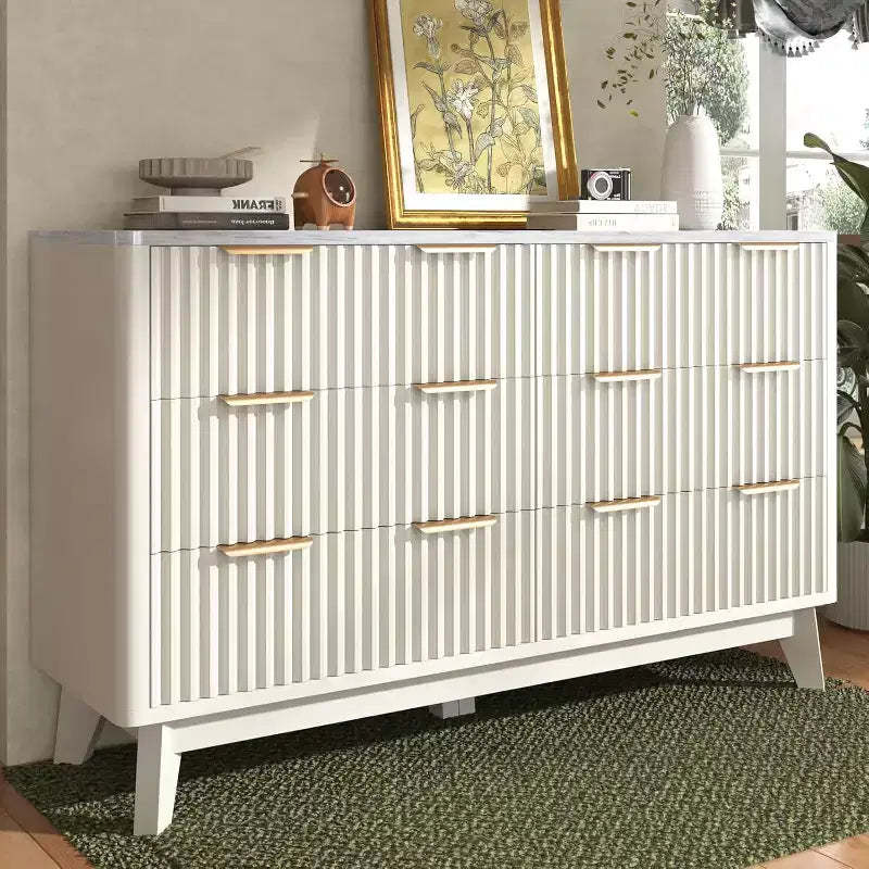 AMERLIFE Fluted 6-Drawer Dresser with Faux Marble Top, 54 Wide Chest of Drawers for Bedroom, Living Room, Hallway, Entryway,White