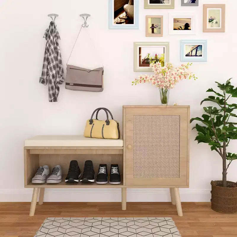 GDFStudio Tracey 2-in-1 Shoe Storage Bench with Faux Rattan Doors and Cushioned Seat