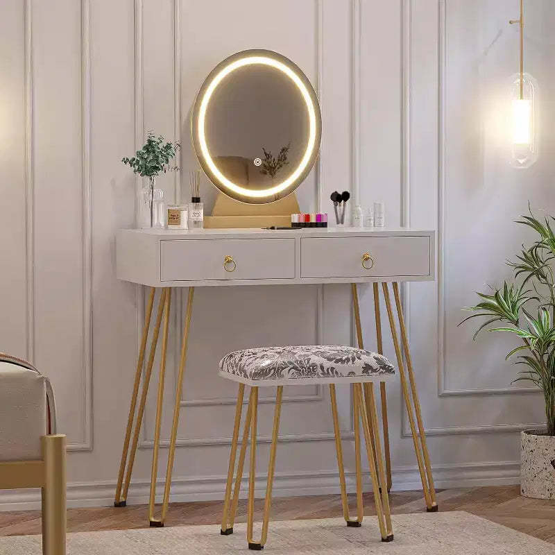 Makeup Vanity Table Set with Lighted Mirror & Cushioned Stool, 2 Drawers White and Gold