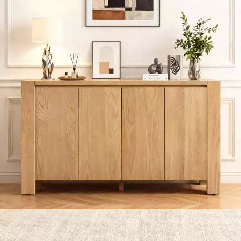 Hostack 4-Door Retro Wood Sideboard Buffet Cabinet with Storage, Distressed Finish and Adjustable Shelves for Dining&Living Room, Natural