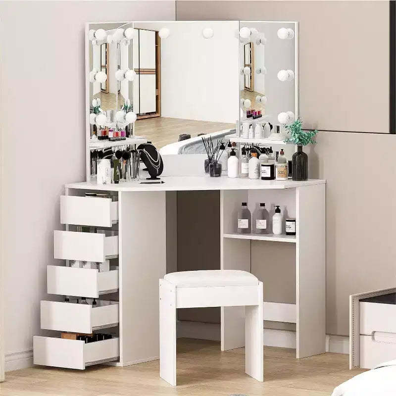 COZONY Vanity Desk with Mirror and Lights, Corner Vanity Set with 3 Lighting Options, 5 Drawers, Shelves & Cushioned Stool, White