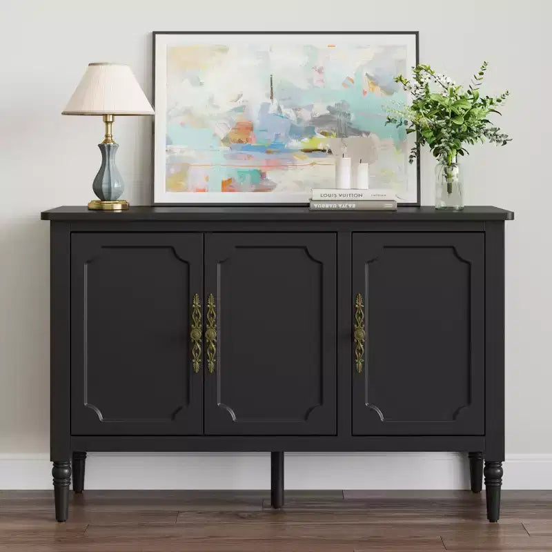 Heynemo Storage Cabinet with 3 Doors, Mid-Century Sideboard Cabinet with Adjustable Shelves, Wood Buffet Cabinet with Turned Legs, Black